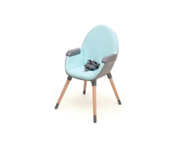 Chaise Haute ESSENTIEL Gris & Azur - Les Bons plans AT4 - Hêtre massif, coque polyéthylène et assis polyester.