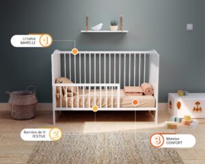 Pack lit bébé MARELLE avec matelas et barrière de lit - Les Bons plans AT4