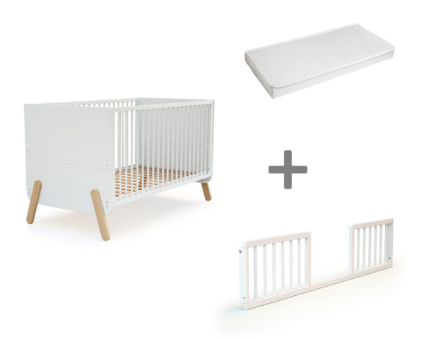 Pack lit bébé évolutif PIRATE 70 x 140 cm avec matelas et barrière de lit - Les Bons plans AT4 - Hêtre massif et panneaux de fibres haute densité.