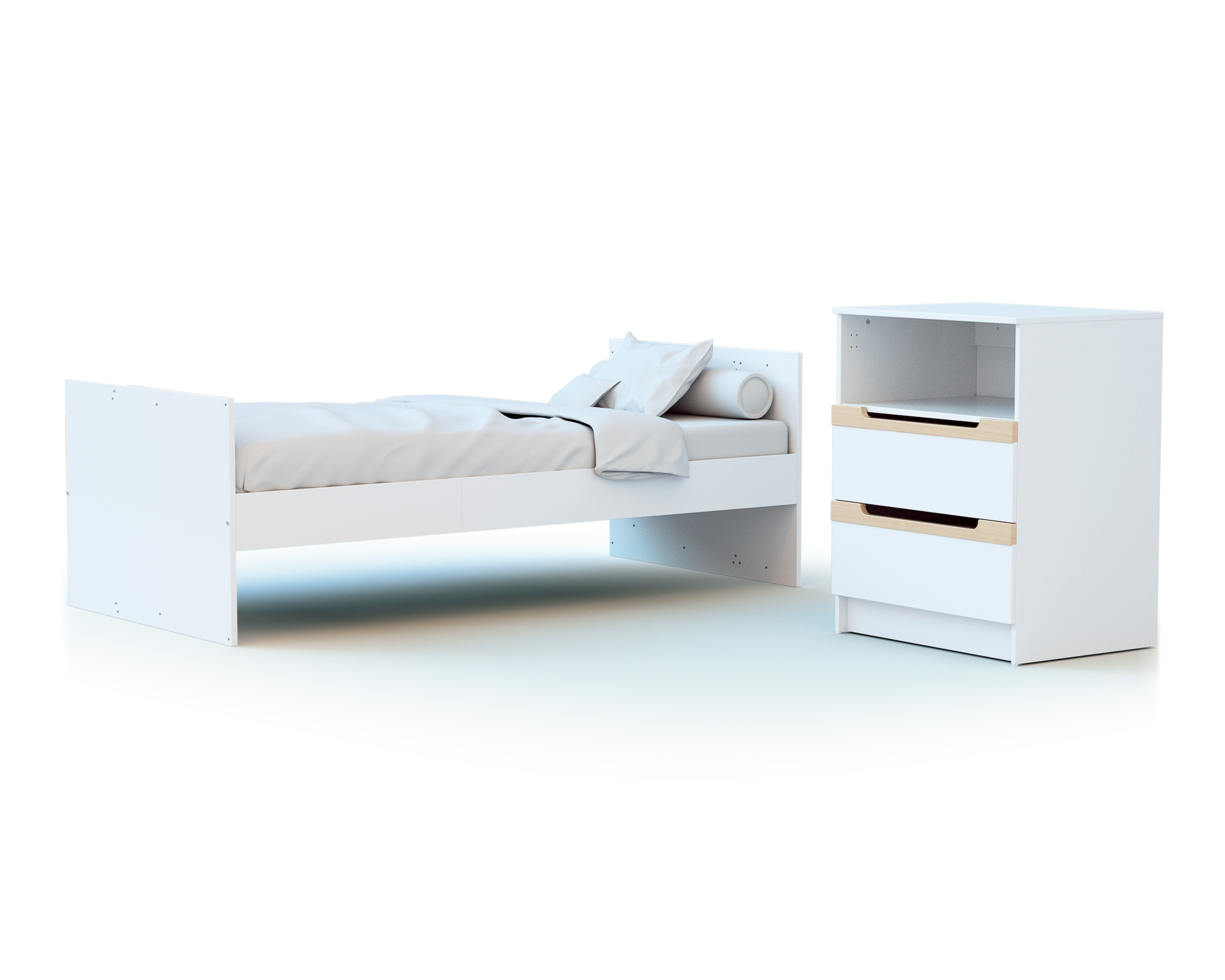 CARROUSEL White and Beech Convertible Bedroom Set - With drawers