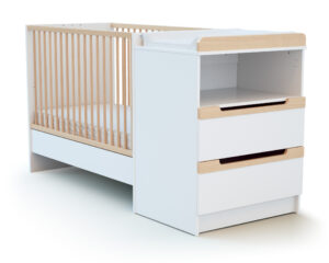CARROUSEL White and Beech Convertible Bedroom Set - With drawers
