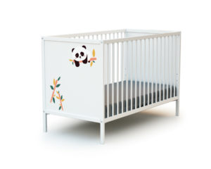 WEBABY cot with panels and panda design - Fixed-side cots - White with panda design - Solid beech and high-density fibreboard.