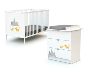 WEBABY 2-piece Fox design set 3 drawers - with drawers - White with fox design - Solid beech, varnished high-density fibreboard and melamine particleboard.